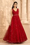 Buy_Aariyana Couture_Red Butterfly Net Embroidered Floral Patterns V Neck Vine Gown _at_Aza_Fashions