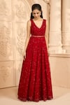 Aariyana Couture_Red Butterfly Net Embroidered Floral Patterns V Neck Vine Gown _at_Aza_Fashions