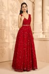 Buy_Aariyana Couture_Red Butterfly Net Embroidered Floral Patterns V Neck Vine Gown 