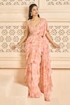 Buy_Aariyana Couture_Peach Saree Chiffon Printed Floral Patterns Scoop Pre-stitched With Blouse 