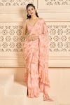 Aariyana Couture_Peach Saree Chiffon Printed Floral Patterns Scoop Pre-stitched With Blouse _at_Aza_Fashions