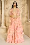 Buy_Aariyana Couture_Peach Chiffon Printed Floral Patterns Bustier Sweetheart Skirt Set With Cape _at_Aza_Fashions