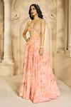 Shop_Aariyana Couture_Peach Chiffon Printed Floral Patterns Bustier Skirt Set With Cape  _Online_at_Aza_Fashions