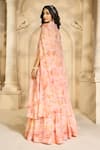 Shop_Aariyana Couture_Peach Chiffon Printed Floral Patterns Bustier Skirt Set With Cape  