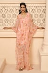 Buy_Aariyana Couture_Peach Chiffon Printed Floral Patterns V Neck Kaftan _at_Aza_Fashions