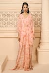 Aariyana Couture_Peach Chiffon Printed Floral Patterns V Neck Kaftan _at_Aza_Fashions