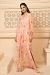 Buy_Aariyana Couture_Peach Chiffon Printed Floral Patterns V Neck Kaftan _Online_at_Aza_Fashions