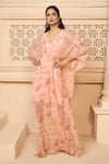 Shop_Aariyana Couture_Peach Chiffon Printed Floral Patterns V Neck Kaftan _Online_at_Aza_Fashions