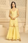 Buy_Aariyana Couture_Yellow Kurta Bamber Silk Embroidered Floral Patterns Plunged And Sharara Set _at_Aza_Fashions