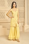 Buy_Aariyana Couture_Yellow Kurta Bamber Silk Embroidered Floral Patterns Plunged And Sharara Set _Online_at_Aza_Fashions