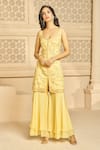 Shop_Aariyana Couture_Yellow Kurta Bamber Silk Embroidered Floral Patterns Plunged And Sharara Set _Online_at_Aza_Fashions