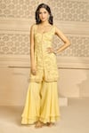 Aariyana Couture_Yellow Kurta Bamber Silk Embroidered Floral Patterns Plunged And Sharara Set _at_Aza_Fashions