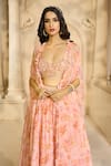 Shop_Aariyana Couture_Peach Chiffon Printed Floral Patterns Bustier Skirt Set With Cape  _at_Aza_Fashions