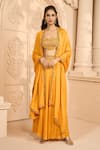 Buy_Aariyana Couture_Yellow Bustier Dupion Embroidered Pleated Skirt Set With Cowl Cape _at_Aza_Fashions