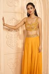 Shop_Aariyana Couture_Yellow Bustier Dupion Embroidered Pleated Skirt Set With Cowl Cape _Online_at_Aza_Fashions