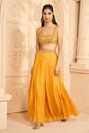 Aariyana Couture_Yellow Bustier Dupion Embroidered Pleated Skirt Set With Cowl Cape _at_Aza_Fashions