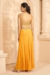 Shop_Aariyana Couture_Yellow Bustier Dupion Embroidered Pleated Skirt Set With Cowl Cape 