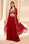 Buy_Aariyana Couture_Red Viscose Georgette Embroidered Floral Patterns Cape With Flared Pant Set _at_Aza_Fashions