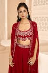 Aariyana Couture_Red Viscose Georgette Embroidered Floral Patterns Cape With Flared Pant Set _at_Aza_Fashions