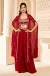 Buy_Aariyana Couture_Red Viscose Georgette Embroidered Floral Patterns Cape With Flared Pant Set 