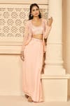 Buy_Aariyana Couture_Peach Bustier And Cape Viscose Organza Draped Skirt Set With Jacket  _at_Aza_Fashions