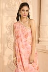 Shop_Aariyana Couture_Peach Printed Floral Patterns One Shoulder Kurta And Pant Set  _at_Aza_Fashions