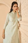 Buy_Aariyana Couture_Blue Cotton Silk Hand Embroidered Floral Patterns Mandarin Draped Tunic 