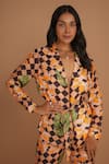 Shop_Nassh_Multi Color Airjet Silk Printed Botanical Notched Checker Jacket And Pant Set _Online_at_Aza_Fashions