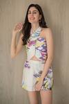 Nassh_Multi Color Linen Georgette Printed Reff Halter Neck Crossbody Top And Shorts Set _at_Aza_Fashions