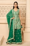 Buy_Aariyana Couture_Emerald Green Kurta Dupion Hand Embroidered Floral Patterns Leaf Sharara Set _at_Aza_Fashions