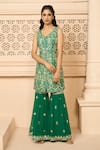 Buy_Aariyana Couture_Emerald Green Kurta Dupion Hand Embroidered Floral Sharara Set  _Online_at_Aza_Fashions