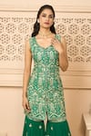 Shop_Aariyana Couture_Emerald Green Kurta Dupion Hand Embroidered Floral Patterns Leaf Sharara Set _at_Aza_Fashions