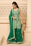 Shop_Aariyana Couture_Emerald Green Kurta Dupion Hand Embroidered Floral Sharara Set  _Online_at_Aza_Fashions