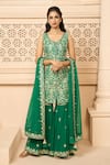 Aariyana Couture_Emerald Green Kurta Dupion Hand Embroidered Floral Patterns Leaf Sharara Set _at_Aza_Fashions