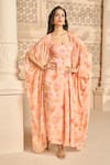 Buy_Aariyana Couture_Peach Georgette Printed Floral Patterns Dress Scoop Draped And Cape Set _at_Aza_Fashions