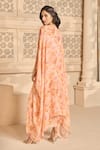 Aariyana Couture_Peach Georgette Printed Floral Patterns Dress Scoop Draped And Cape Set _Online_at_Aza_Fashions