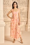 Buy_Aariyana Couture_Peach Georgette Printed Floral Patterns Dress Scoop Draped And Cape Set _Online_at_Aza_Fashions