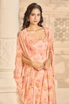 Aariyana Couture_Peach Georgette Printed Floral Patterns Dress Scoop Draped And Cape Set _at_Aza_Fashions