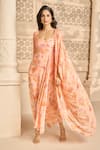 Shop_Aariyana Couture_Peach Georgette Printed Floral Patterns Dress Scoop Draped And Cape Set 