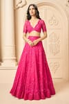 Shop_Aariyana Couture_Pink Butterfly Net Embroidered Floral Patterns Scalloped V Bridal Lehenga Set _Online_at_Aza_Fashions