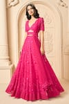 Aariyana Couture_Pink Butterfly Net Embroidered Floral Patterns Scalloped V Bridal Lehenga Set _at_Aza_Fashions