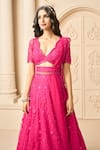 Shop_Aariyana Couture_Pink Butterfly Net Embroidered Floral Patterns Scalloped V Bridal Lehenga Set _at_Aza_Fashions