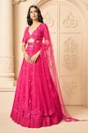 Shop_Aariyana Couture_Pink Butterfly Net Embroidered Floral Patterns Scalloped V Bridal Lehenga Set 