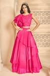 Buy_Aariyana Couture_Pink Dupion Hand Embroidered Cutdana Round Blouse With Layered Skirt _at_Aza_Fashions