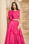 Shop_Aariyana Couture_Pink Dupion Hand Embroidered Cutdana Round Blouse With Layered Skirt _at_Aza_Fashions