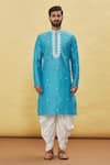 Arihant Rai Sinha_Blue Silk Embroidery Thread And Mirror Kurta & Dhoti Pant Set _Online_at_Aza_Fashions