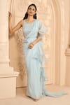 Aariyana Couture_Blue Saree Organza Hand Embroidered Pre-stitched Ruffle With Blouse  _at_Aza_Fashions