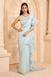 Buy_Aariyana Couture_Blue Saree Organza Hand Embroidered Pre-stitched Ruffle With Blouse  _at_Aza_Fashions