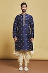 Arihant Rai Sinha_Blue Silk Embroidery Thread Lotus Kurta And Dhoti Pant Set _Online_at_Aza_Fashions