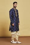 Buy_Arihant Rai Sinha_Blue Silk Embroidery Thread Lotus Kurta And Dhoti Pant Set _Online_at_Aza_Fashions